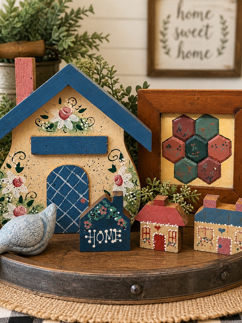 Primitive Farmhouse Decor Set Hand Painted Wood Folk Art Houses Rustic Cottage